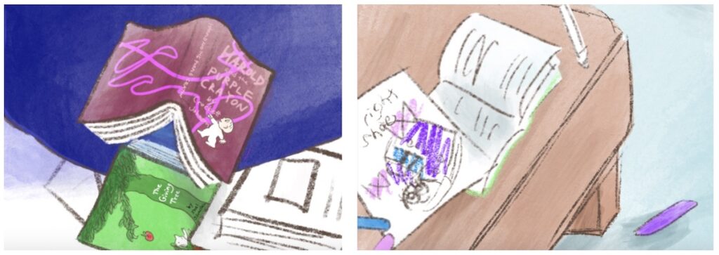 The Left Shoe drawing his right shoe like Harold and the Purple Crayon